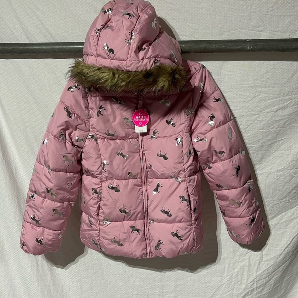 Children place L pink silver unicorn warm puffer coat hood faux fur trim NWT